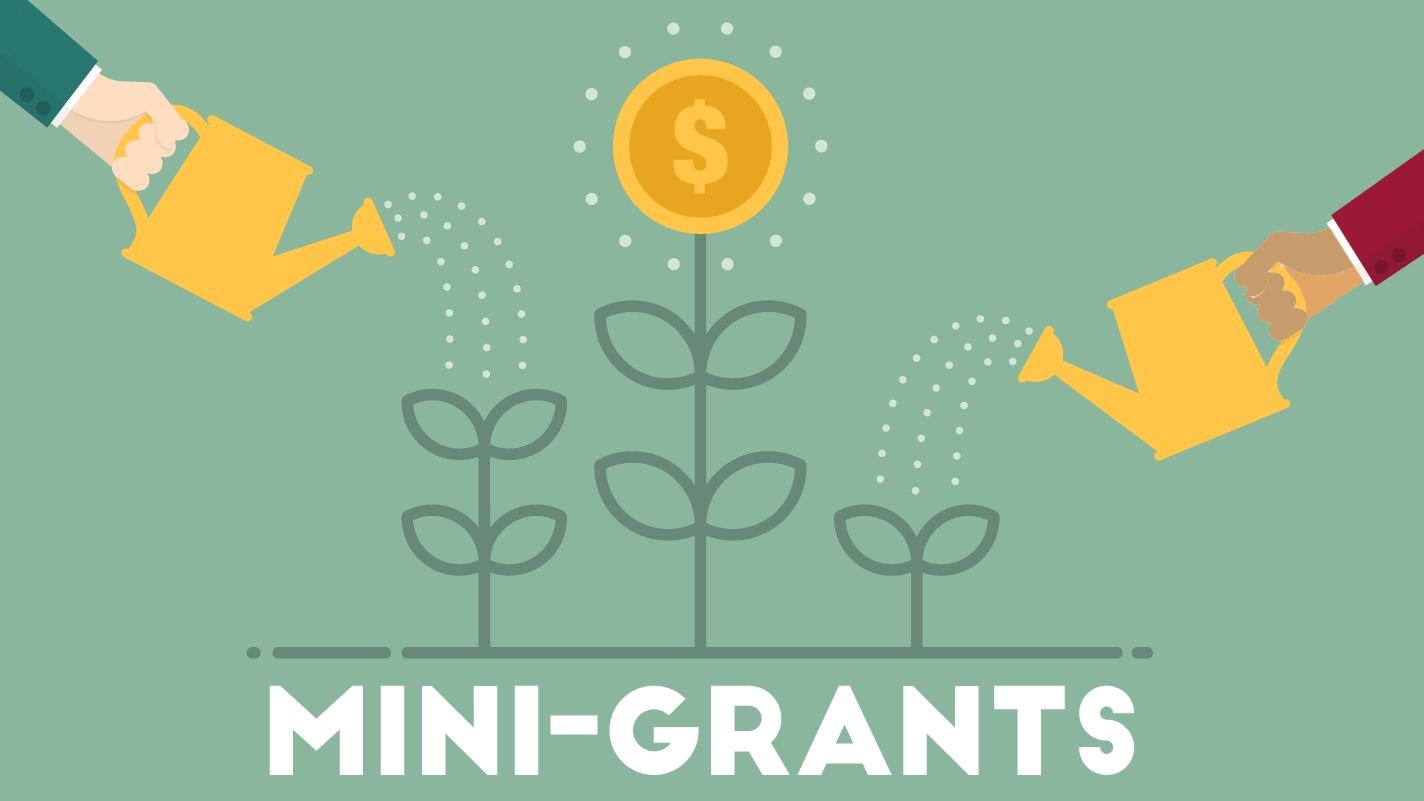 Mini-Grants in white on green background with two arms watering plants. One "plant" is a $.