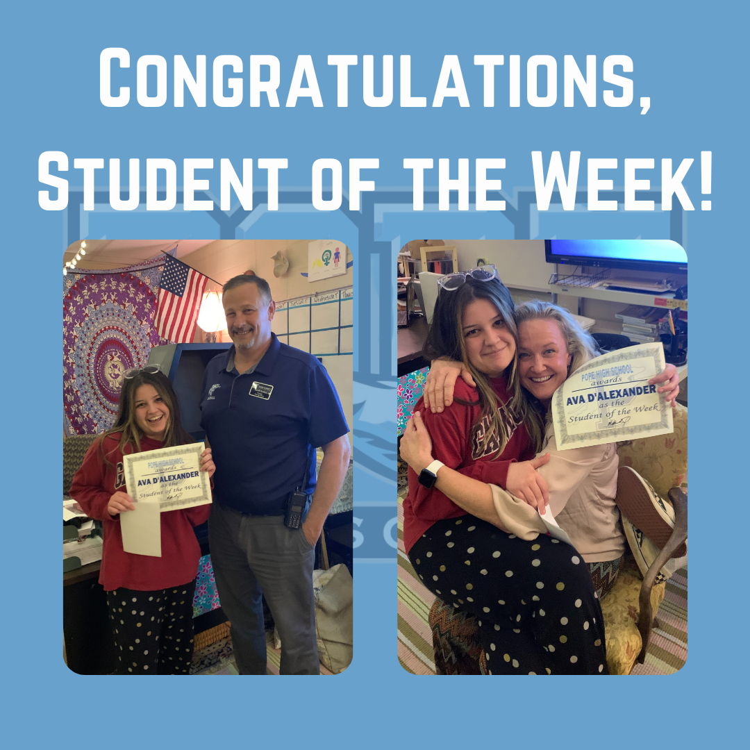 student of the week with principal and teacher