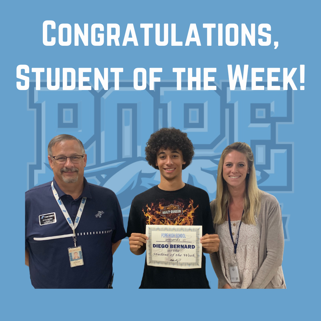 student of the week with principal and teacher