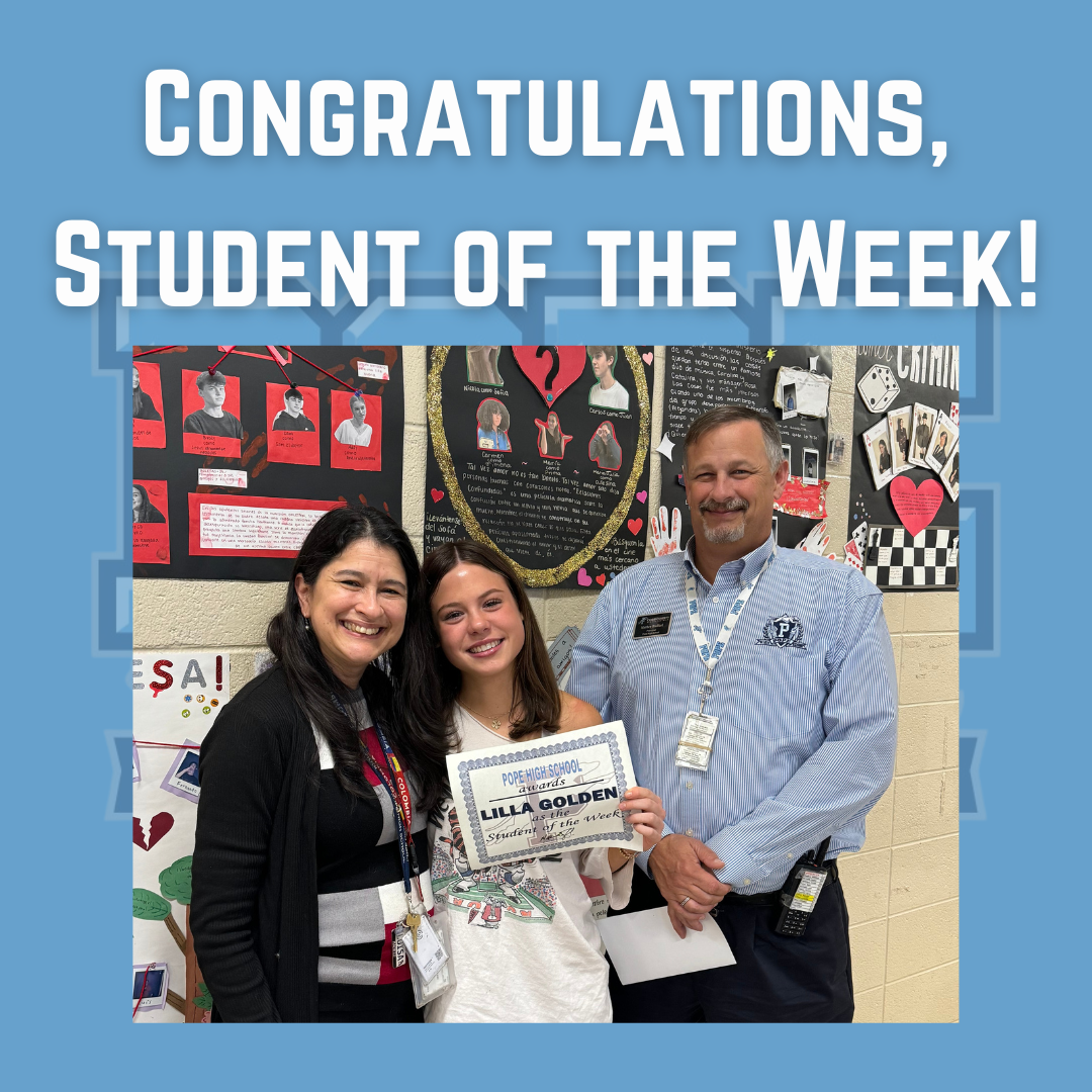 student of the week with principal and teacher