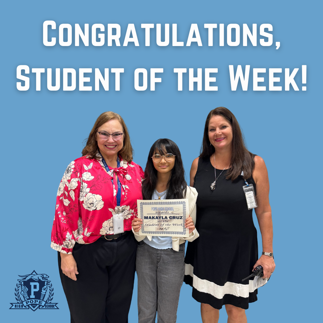 student of the week with principal and teacher