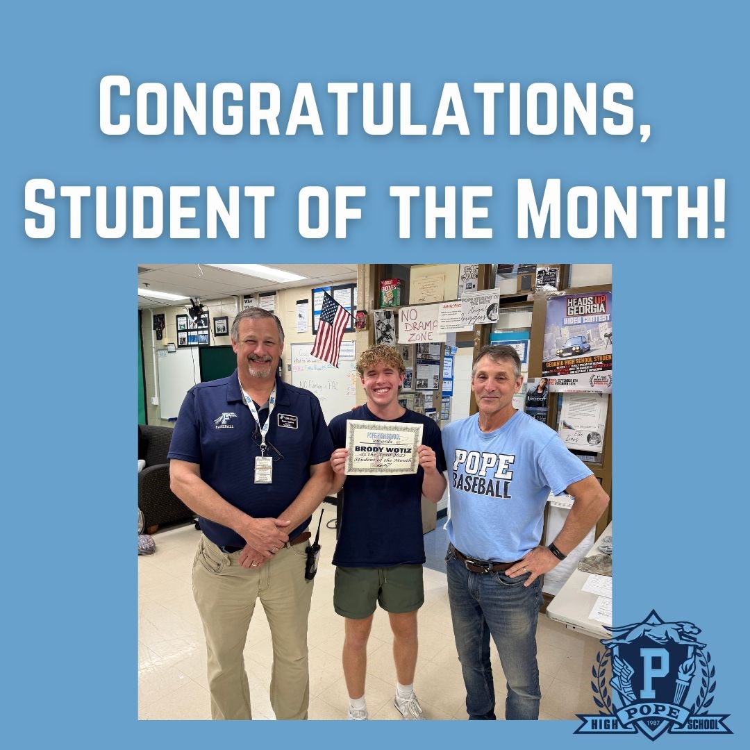 student of the month with principal and teacher