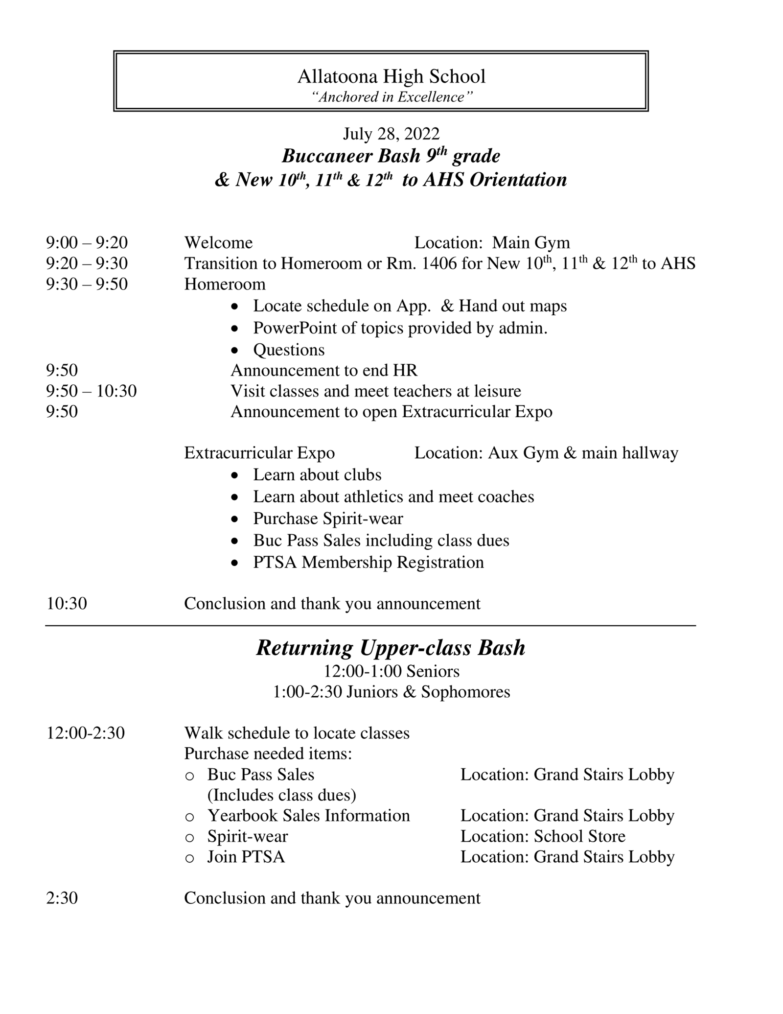 Buc Bash Orientation Schedule (PDF available in Resources)