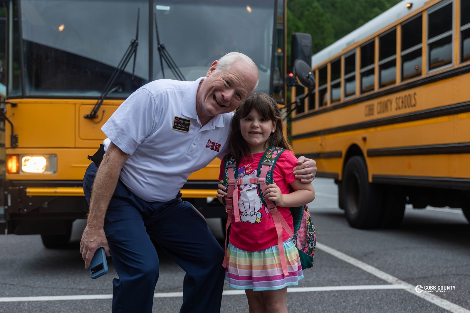 Cobb Schools Board Chair David Chastain helped celebrate the first day of school at Chalker with students and staff.