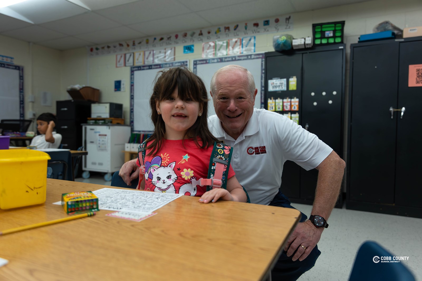 Cobb Schools Board Chair David Chastain helped celebrate the first day of school at Chalker with students and staff.