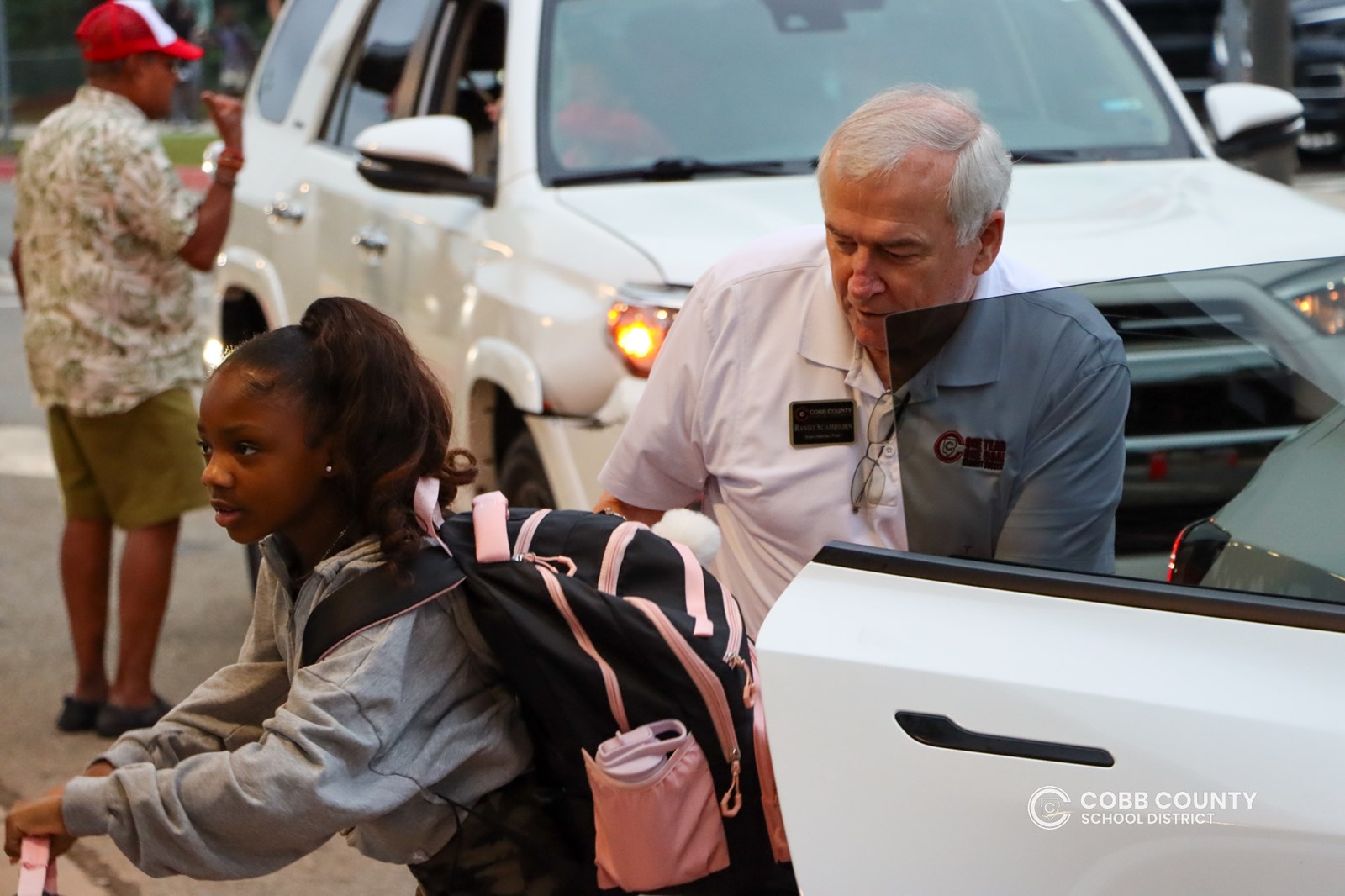 Cobb Schools Board Member Randy Scamihorn visited Pickett’s Mill to join in welcoming students back to school.