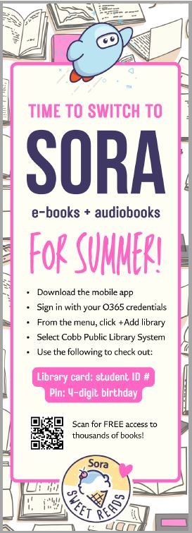 Sora bookmark: e-books & audiobooks; sign in with your Office 365 credentials or click the QR code 
