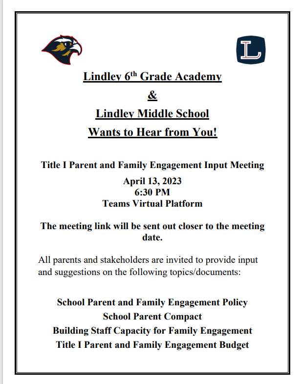 Title 1 Parent and Family Engagement Policy Input Meeting Invitation Flyer