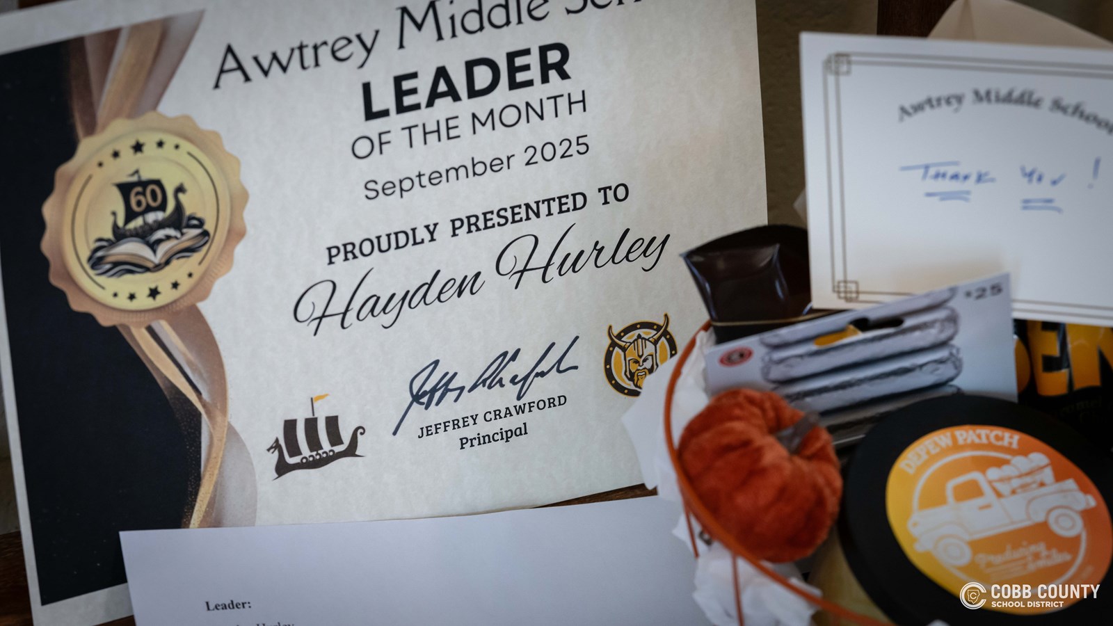 Awtrey Middle School Leader of the Month award 