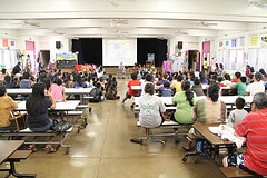 Students meeting in the Gym for an assembly