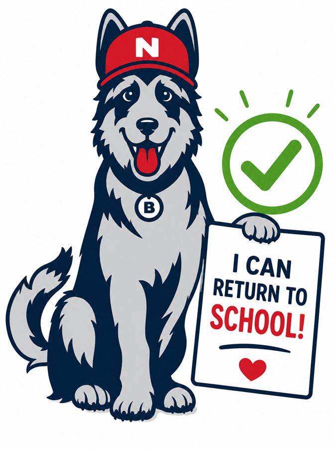 a picture of school mascot feeling well and can return to school