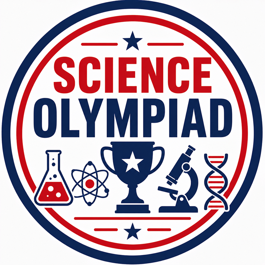Circle with Science Olympiad and science symbols