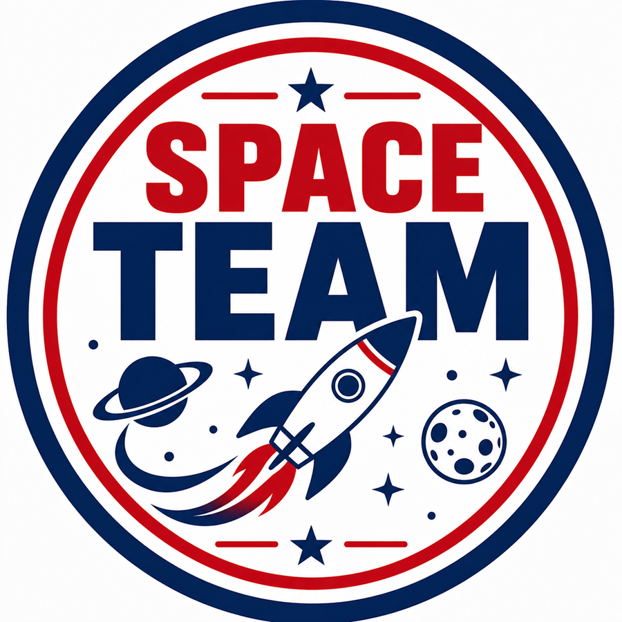 Space Team in a circle with a rocket ship