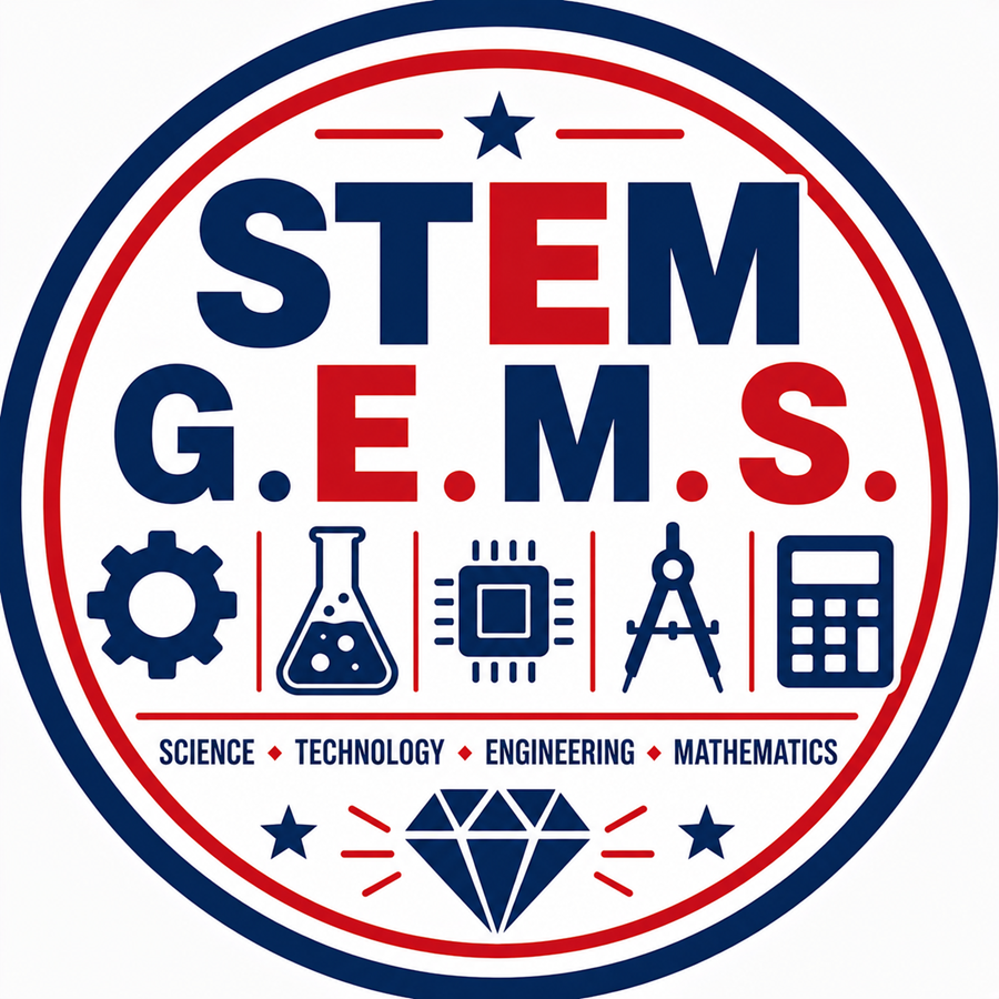 STEM G.E.M.S. in a circle with science symbols and a gem