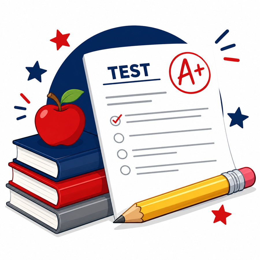 Books and a test paper with an A+ and a pencil