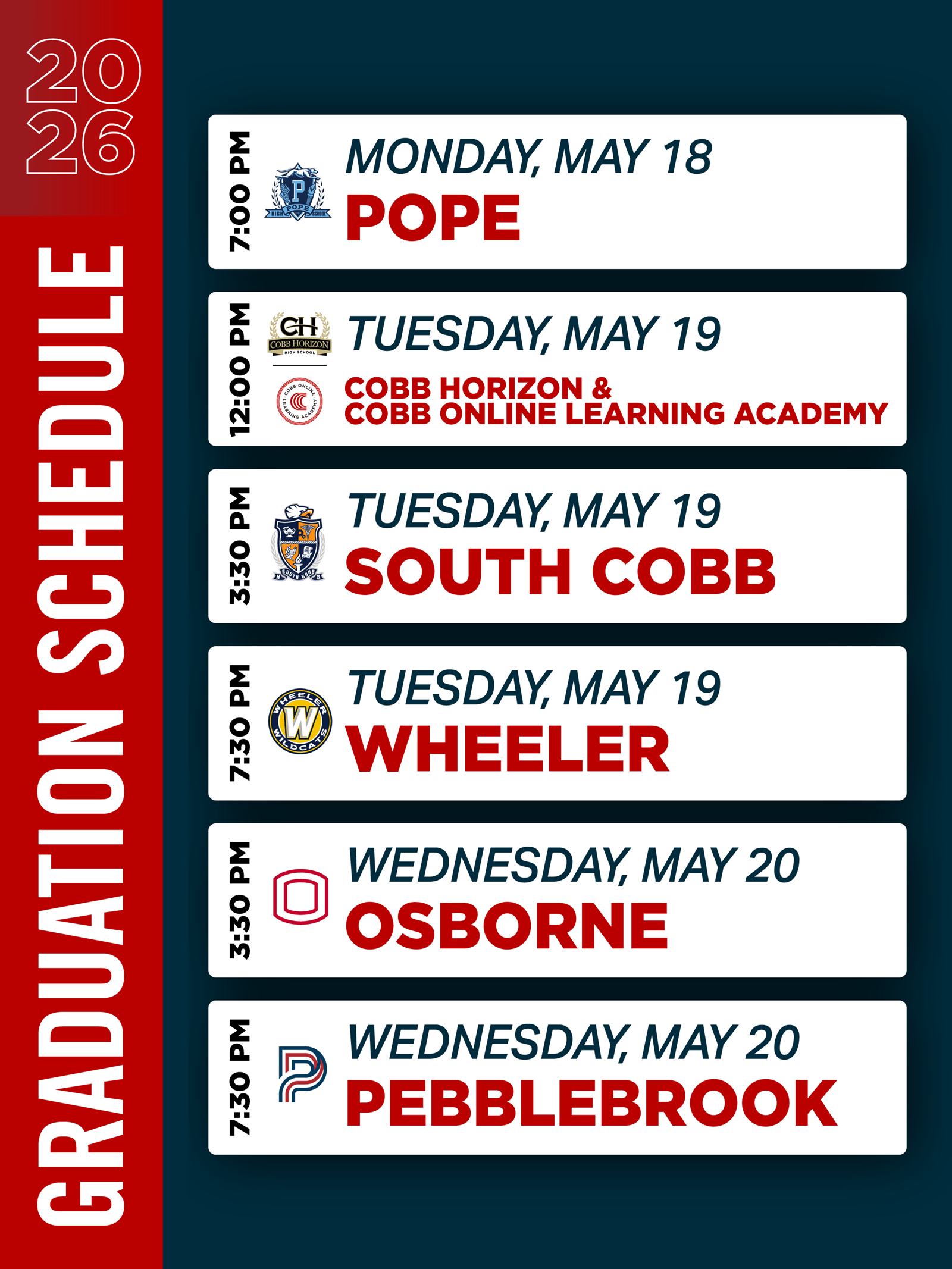 Graduation Schedule for 2026 May 18 through May 20