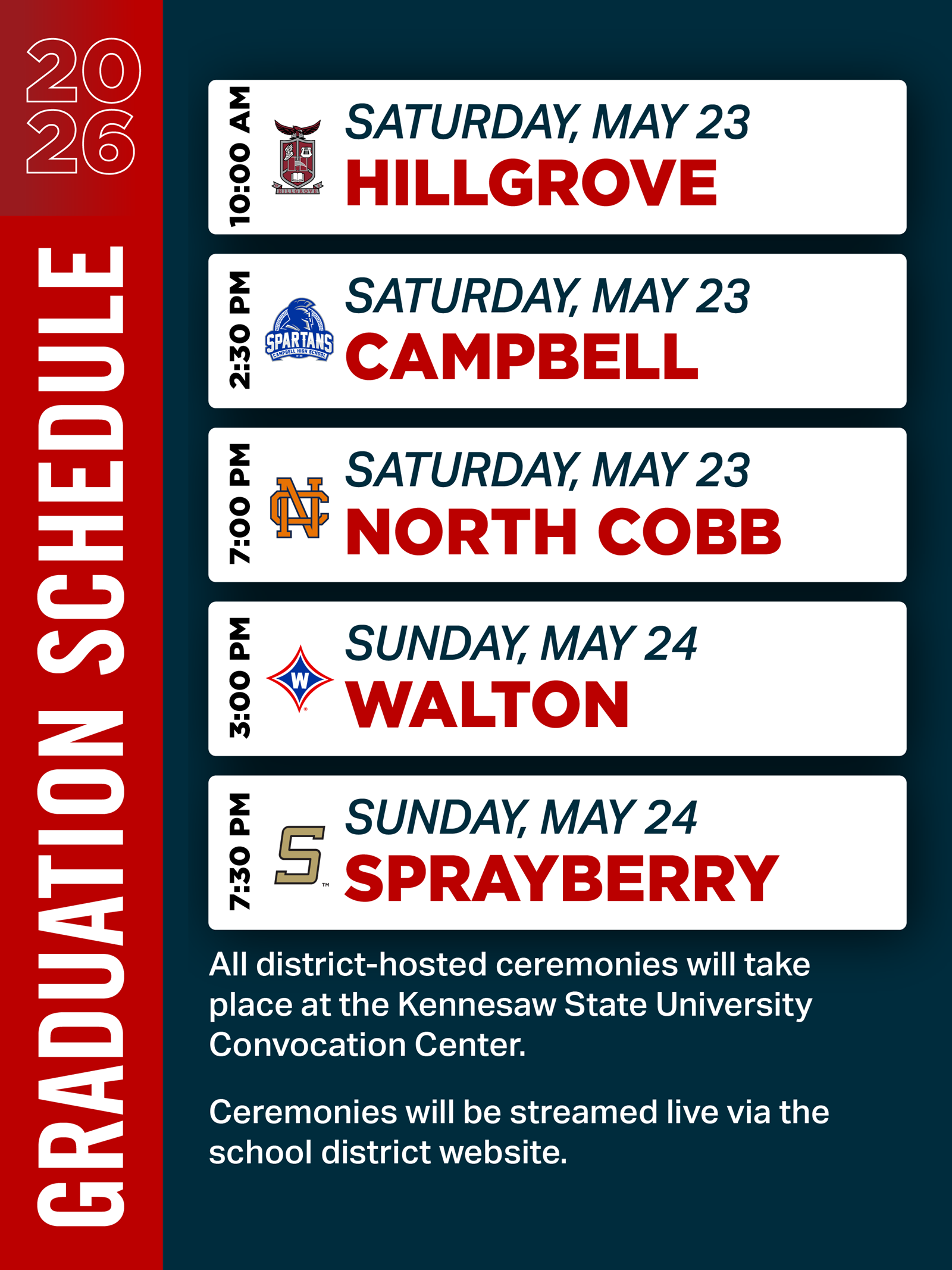 Graduation schedule May 23 through May 24