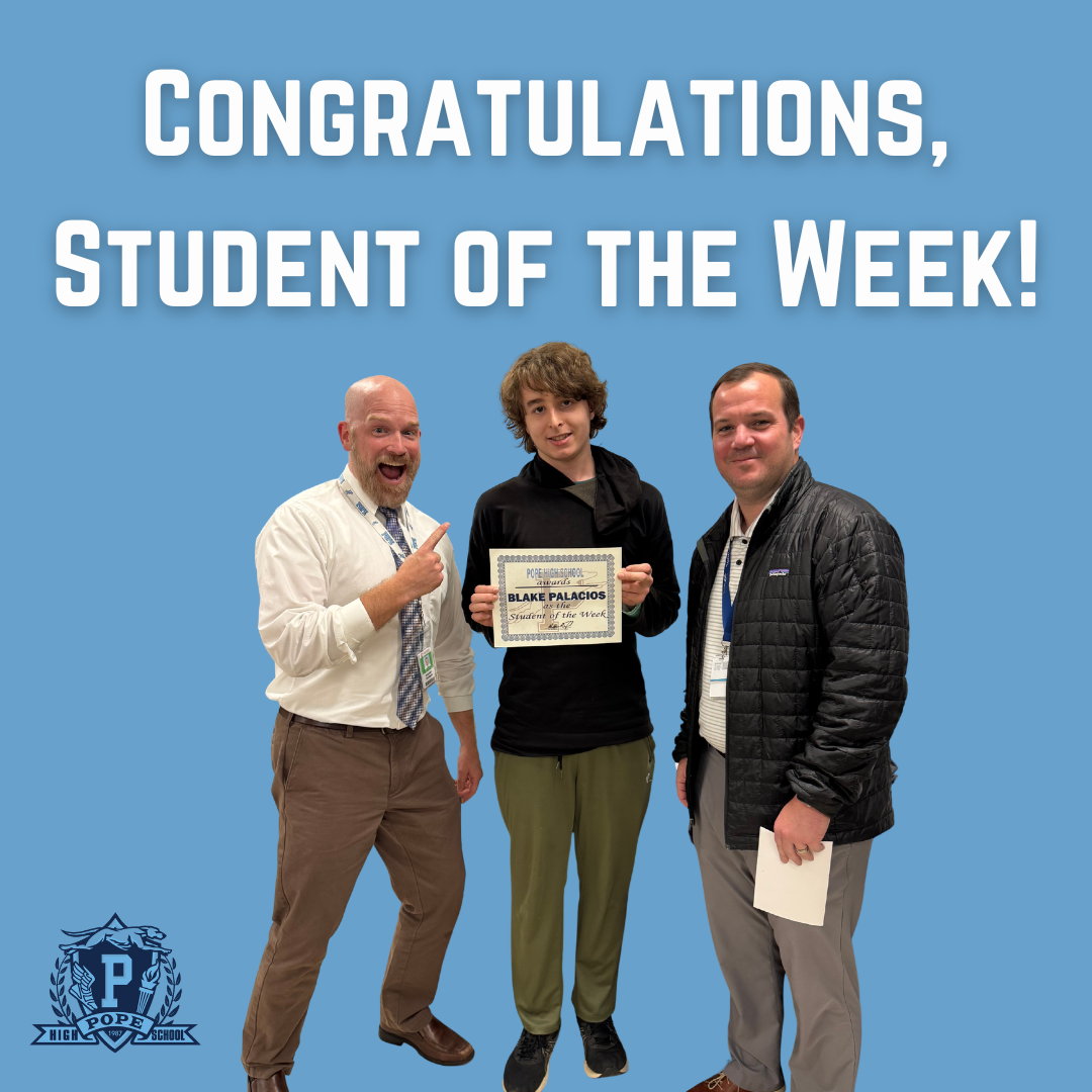 student of the week with principal and teacher