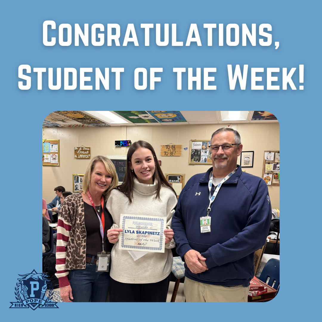 student of the week with principal and teacher