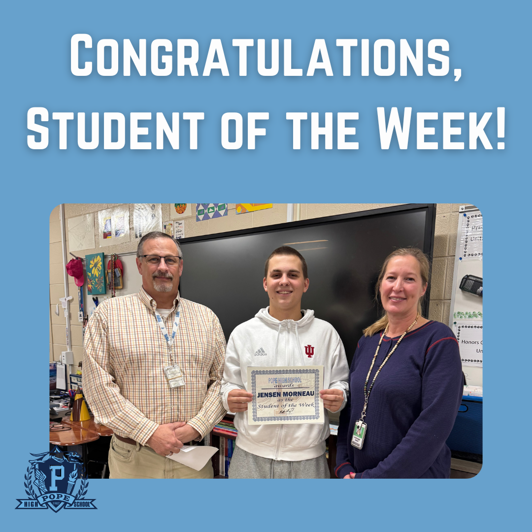 student of the week with principal and teacher