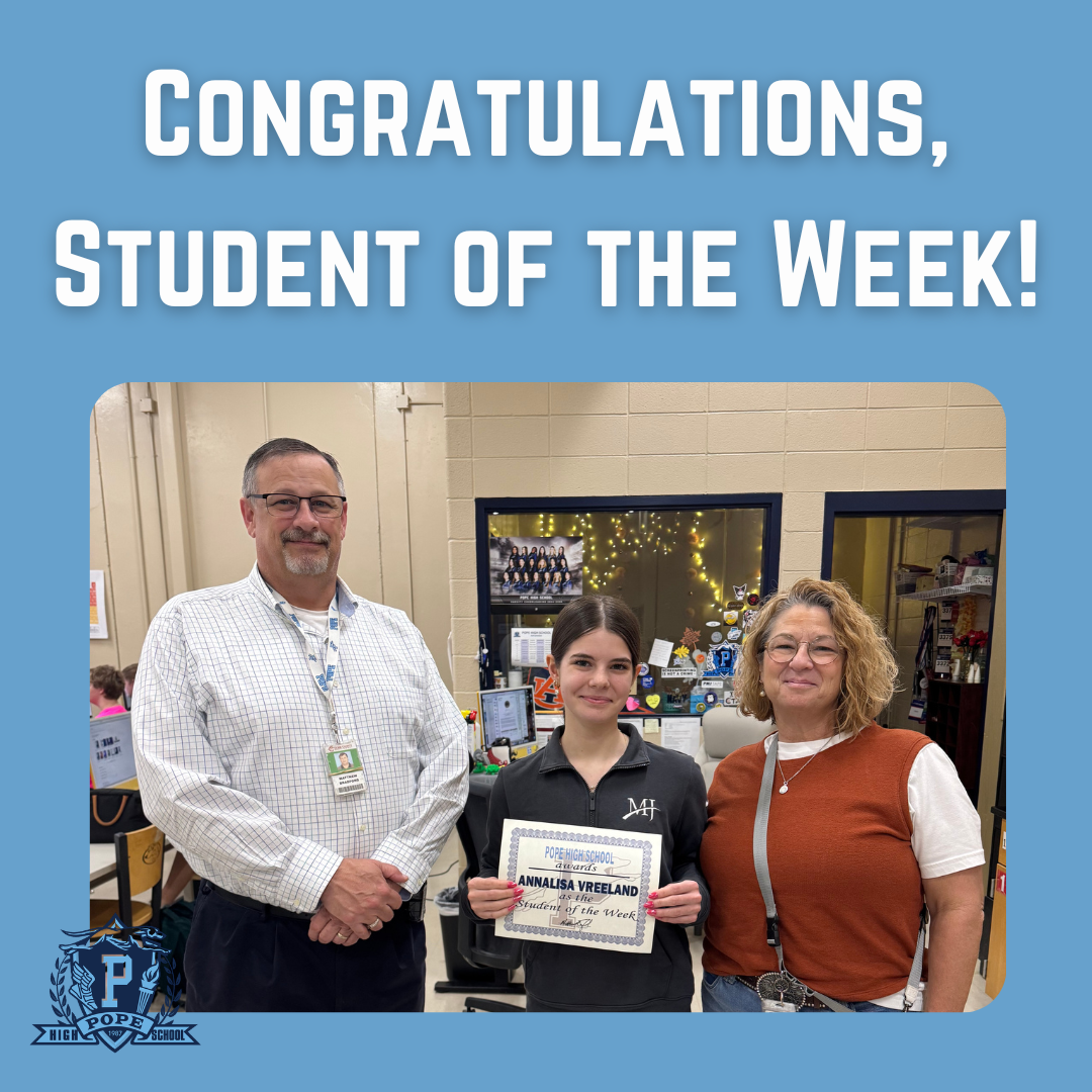 student of the week with principal and teacher