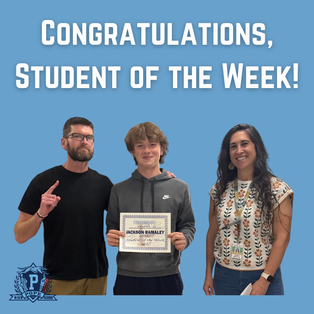 student of the week with principal and teacher