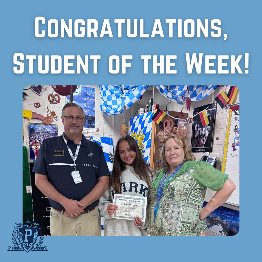 student of the week with principal and teacher