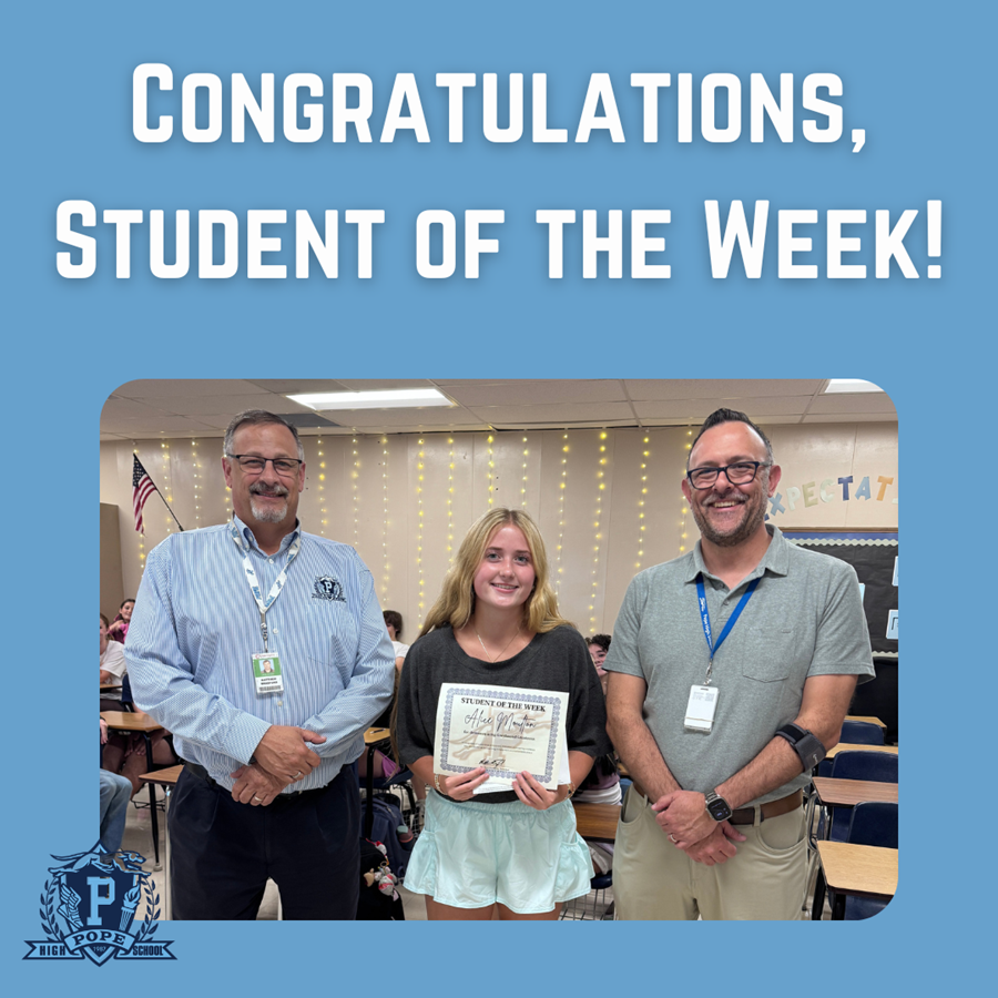 student of the week with principal and teacher