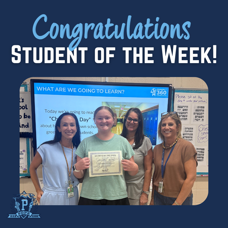 student of the week with principal and teacher