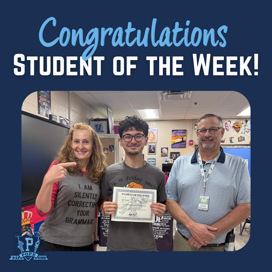 student of the week with principal and teacher