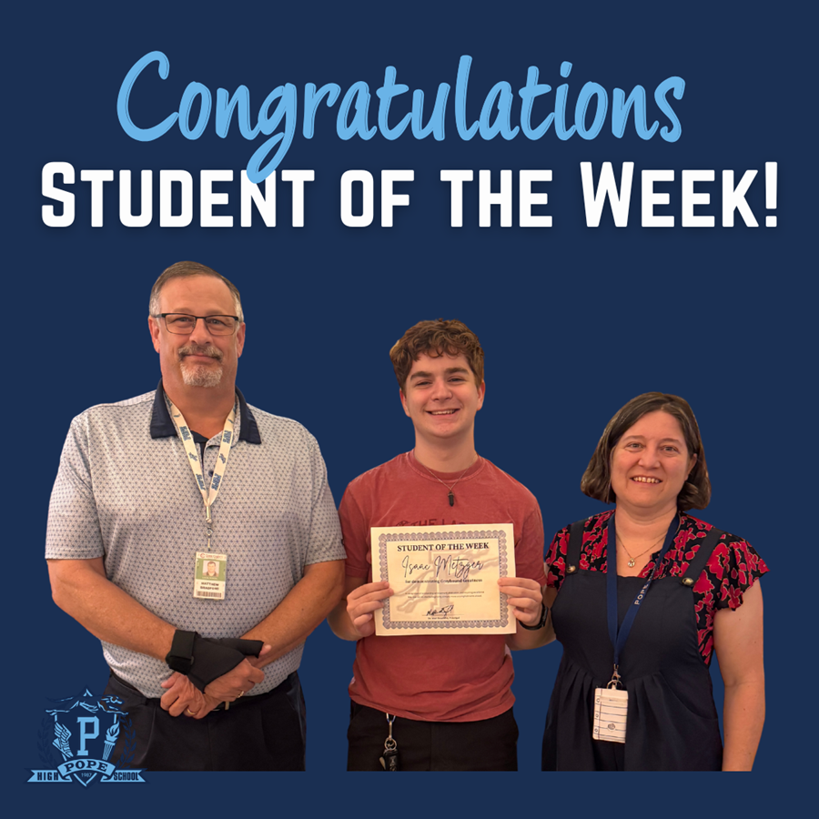 student of the week with principal and teacher