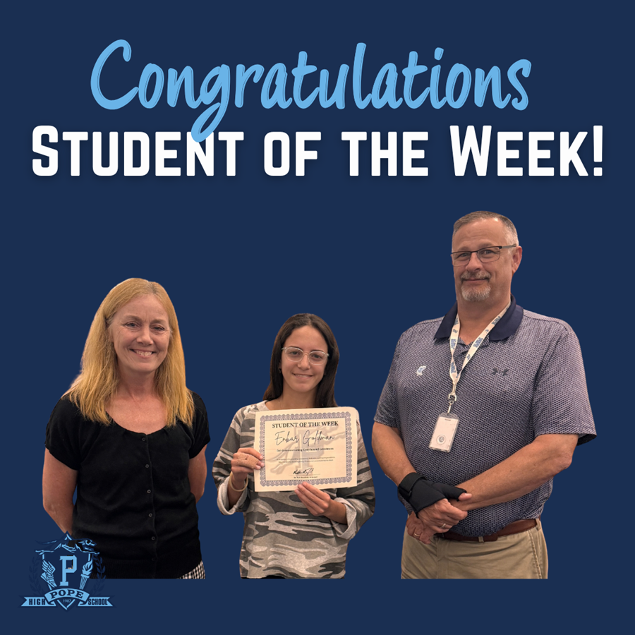 student of the week with principal and teacher