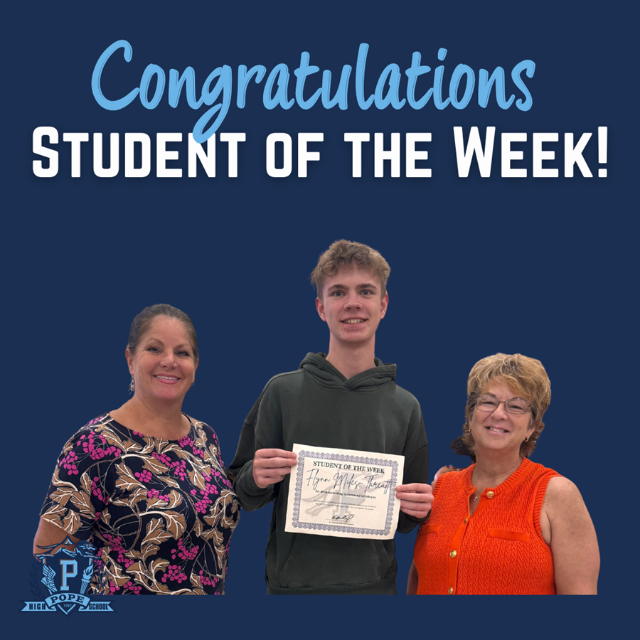 student of the week with principal and teacher