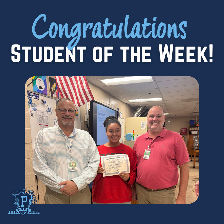 student of the week with principal and teacher
