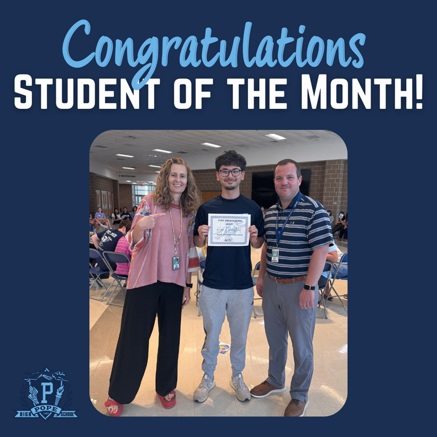 student of the month with principal and teacher