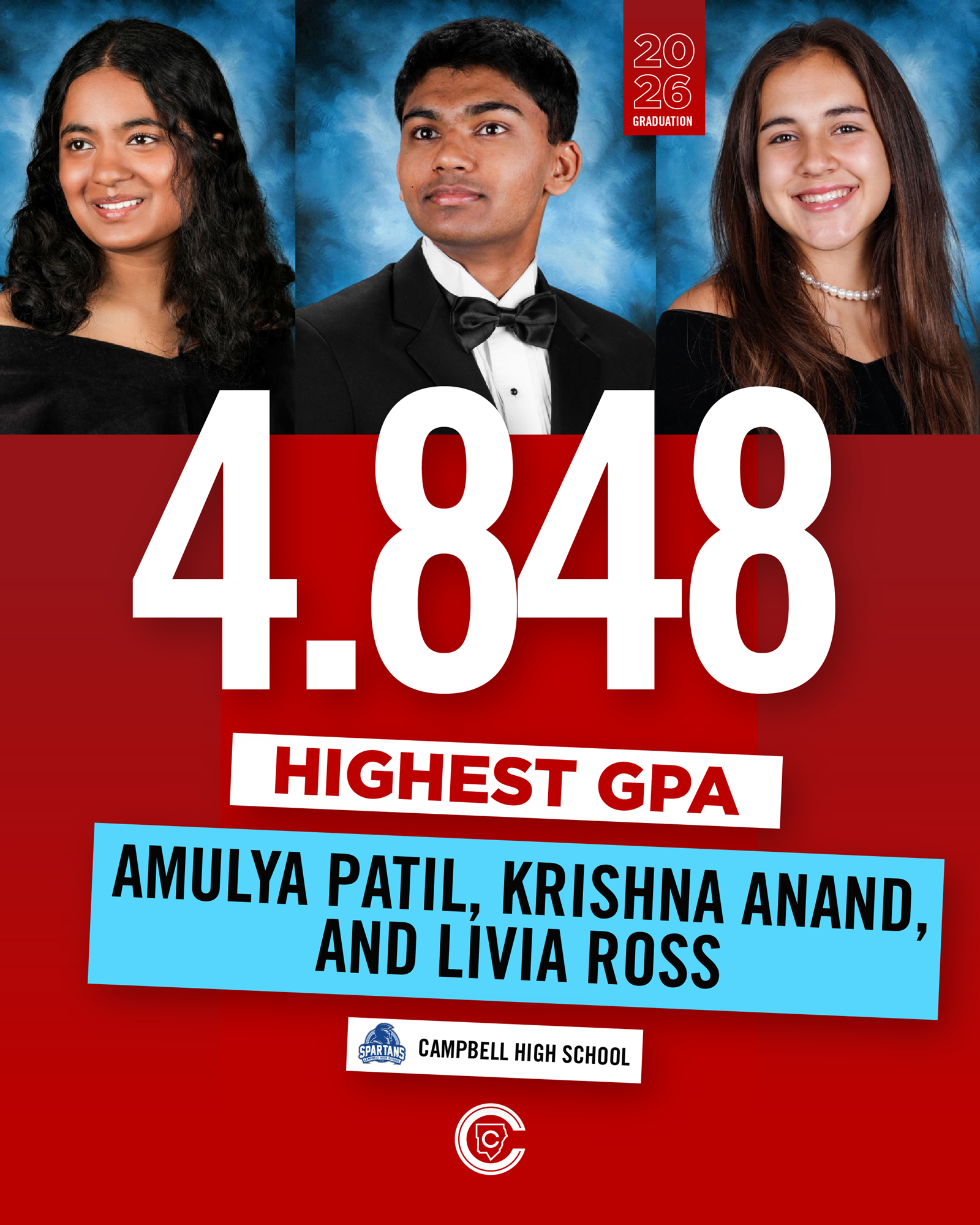Co-valedictorians Amulya Patil, Krishna Anand, and Livia Ross earned highest GPA of 4.848.