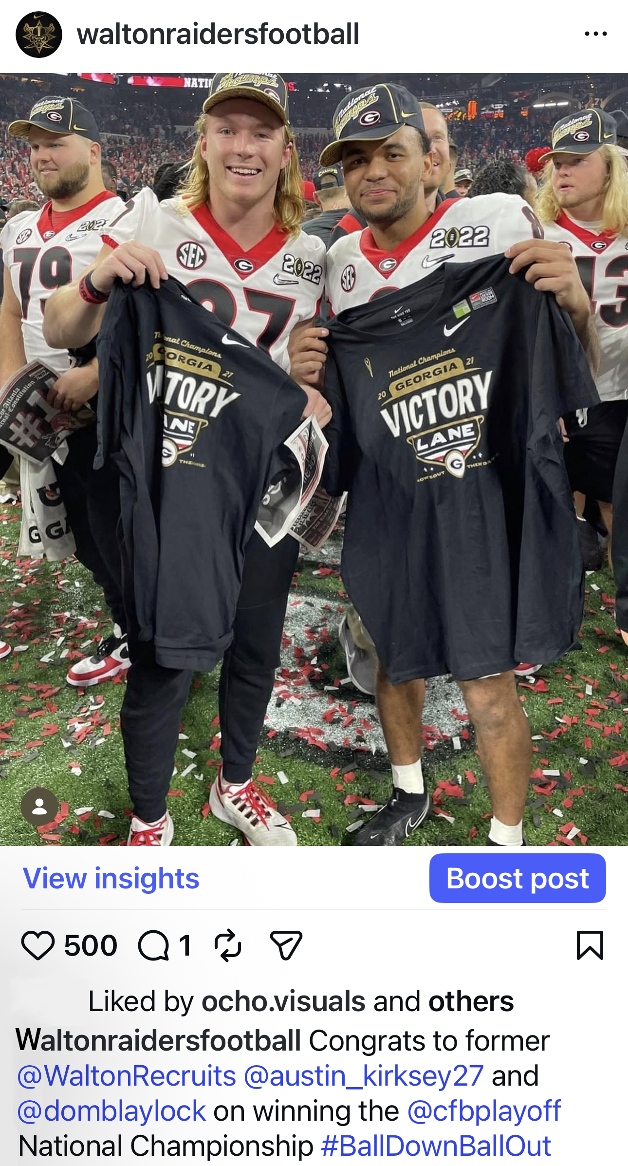 Walton alumni Austin Kirksey and Dominick Blaylock celebrate a national championship with Georgia