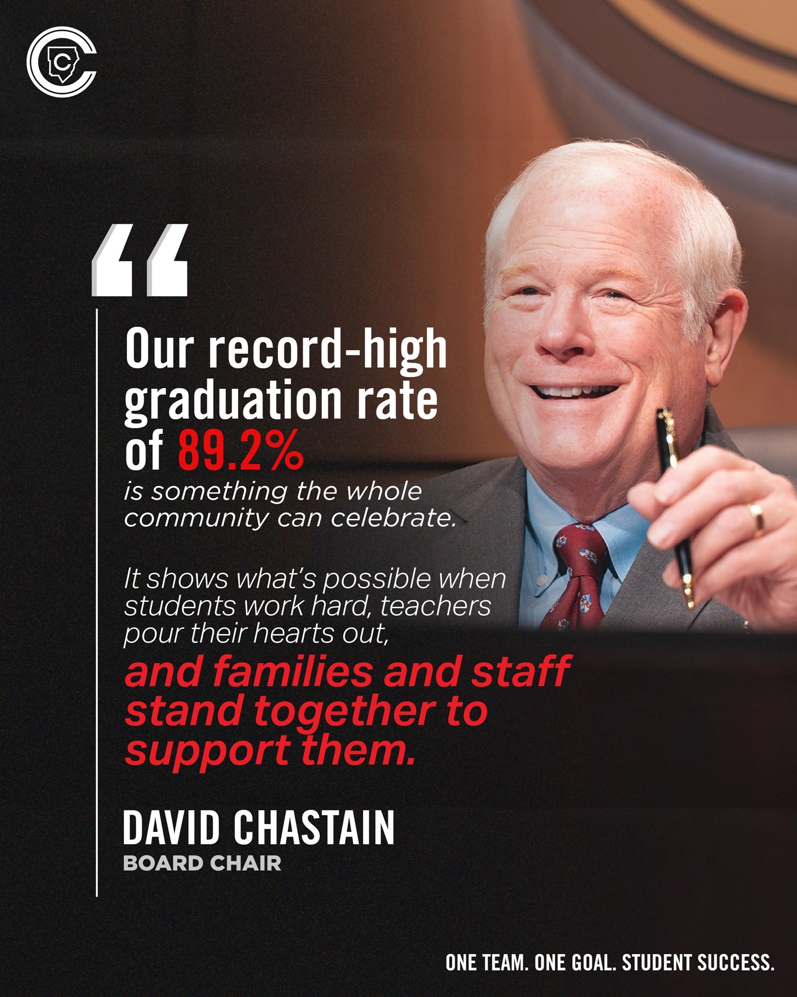 Board Chair David Chastain speaks on record-breaking graduation rate. 