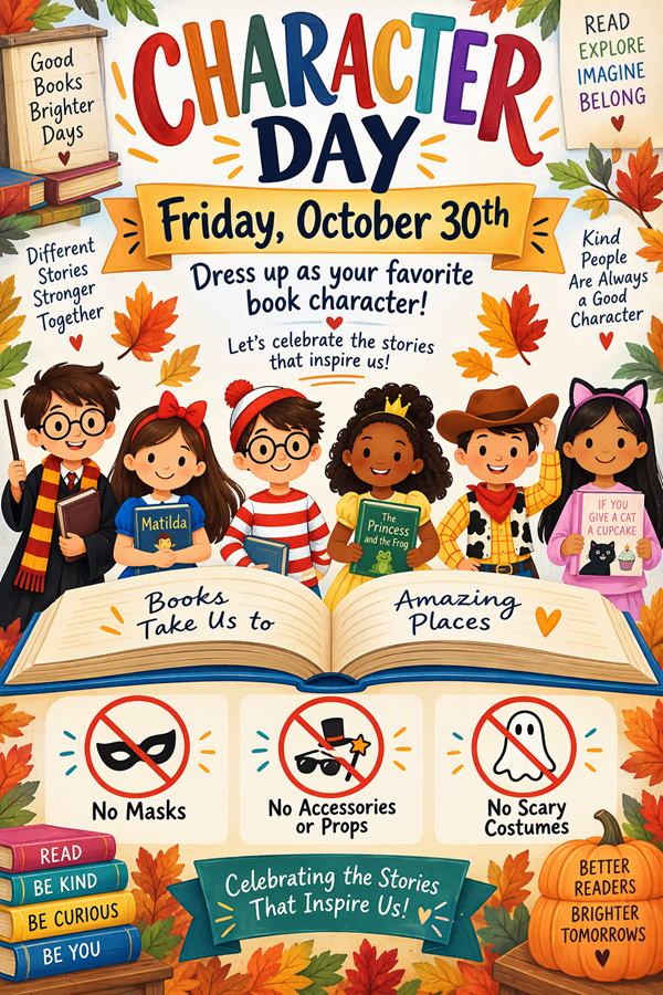 📚 Character Day at King Springs Elementary Get ready to bring your favorite stories to life! King Springs Elementary will celebrate Character Day on Friday, October 30. Students are invited to dress as their favorite book character as we celebrate the books, stories, and characters that inspire us to read, learn, and imagine. Character Day is a fun way to encourage literacy and foster a love of reading while highlighting the powerful stories that help us grow, dream, and explore new ideas. What to Wear Students may dress as a favorite character from a book they enjoy. Whether it's a classic storybook hero, a beloved chapter book character, or a favorite literary figure, we look forward to seeing our students' creativity on display! Costume Guidelines To help ensure a safe and positive school day for everyone, please remember: ❌ No masks ❌ No accessories or props ❌ No scary costumes All costumes should remain school-appropriate and allow students to fully participate in classroom activities throughout the day. Celebrating the Power of Reading Character Day reminds us that: 📖 Good books create brighter days. 📖 Different stories make us stronger together. 📖 Reading helps us explore, imagine, and belong. 📖 Books take us to amazing places. We can't wait to see our students dressed as their favorite book characters as we celebrate the stories that inspire us! Read • Be Kind • Be Curious • Be You 📚 Happy Character Day, KSE! 🍂