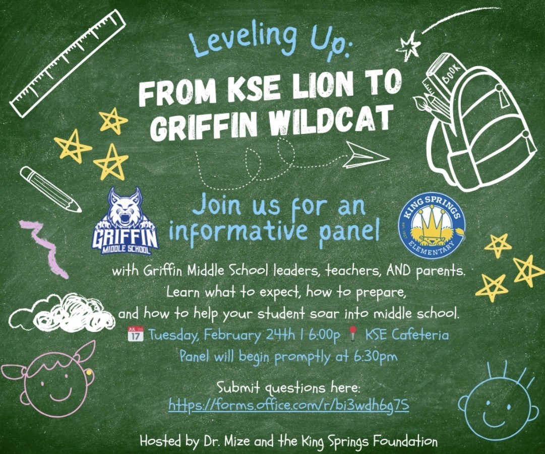 Chalkboard announcement for 'Leveling Up: From KSE Lion to Griffin Wildcat' informative panel.