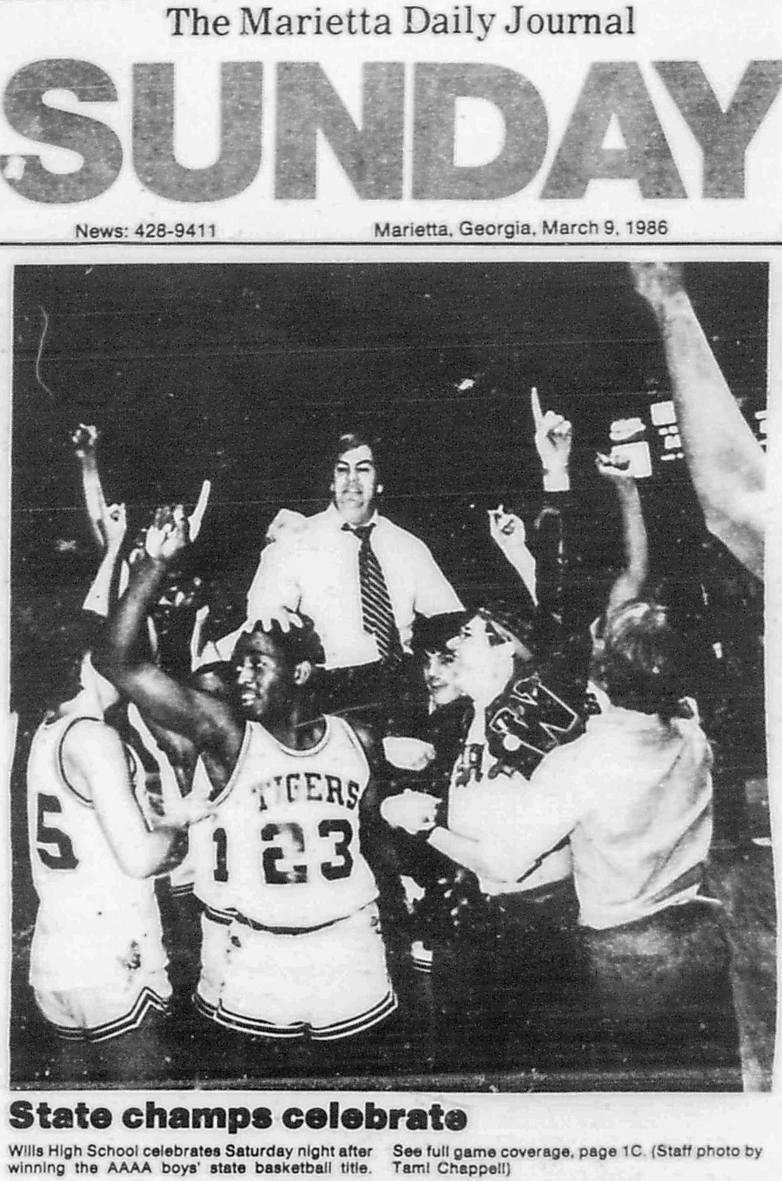 In 1986, the Marietta Daily Journal celebrated Wills' championship with a Sunday front page photo of Coach Charlie Neal hoisted on shoulders