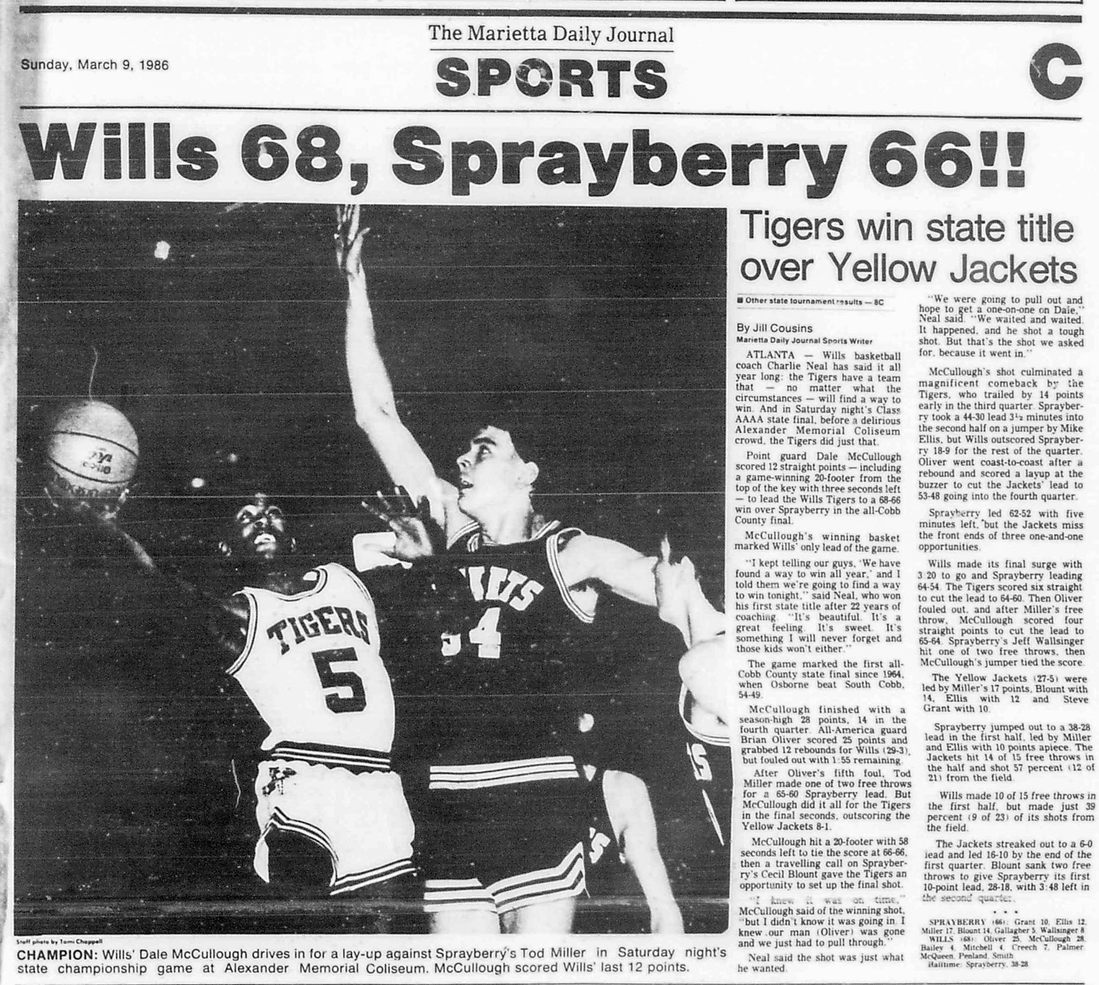 1986 Marietta Daily Journal shows Wills' Dale McCullough driving to the basket