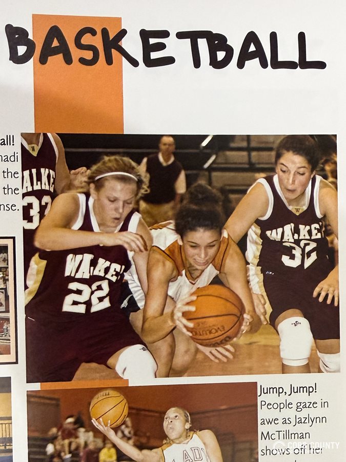 A yearbook photo of Ashley ShahAhmadi (middle) diving for the basketball during her high school playing days