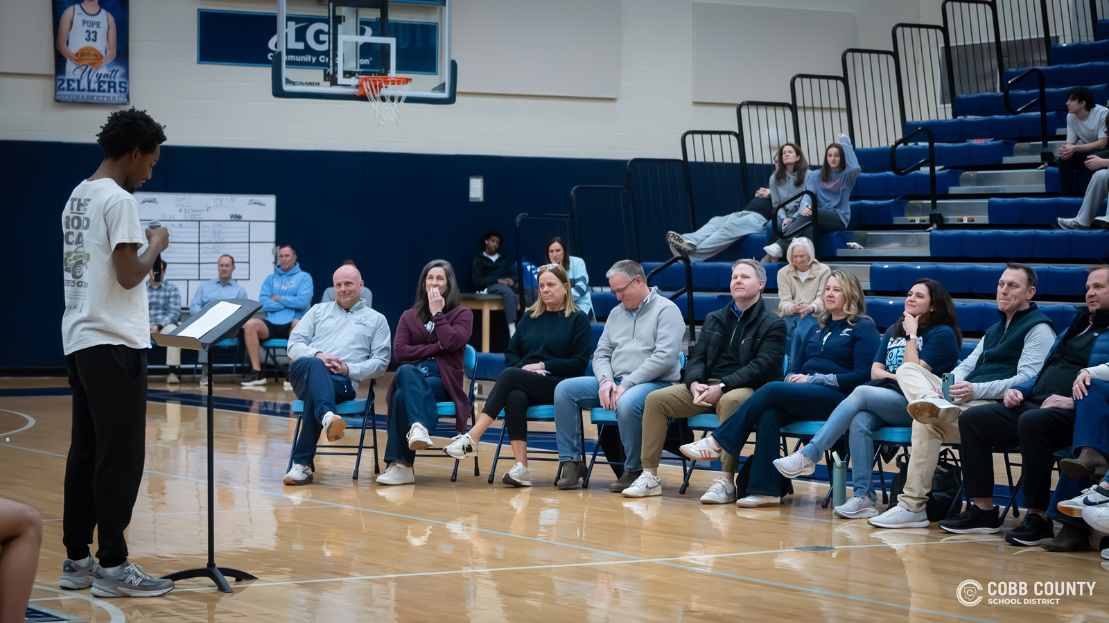 Pope senior Stanton German II addresses the crowd