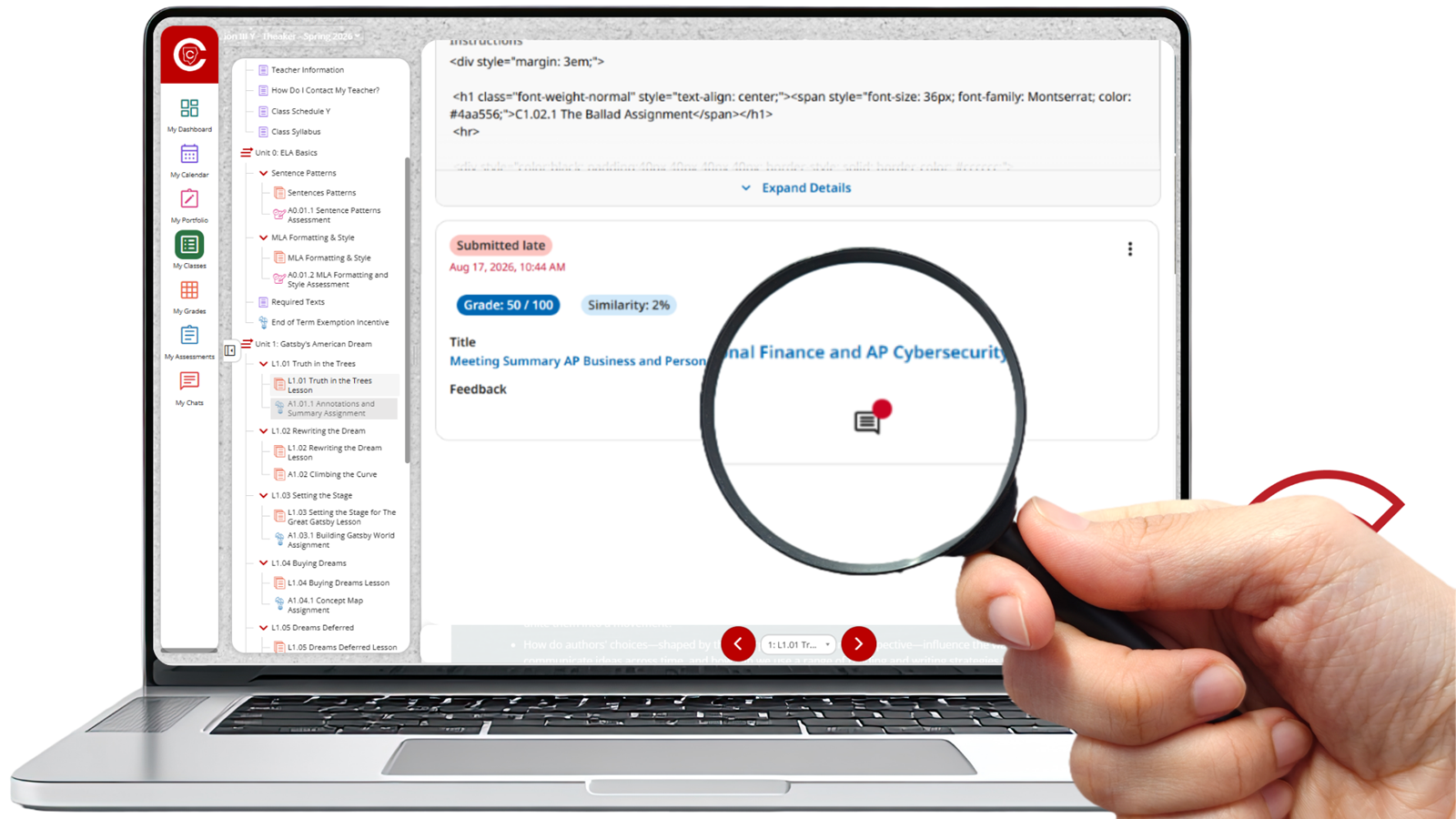 Online course assignment page displayed on a laptop. A large magnifying glass highlights the feedback comment icon beneath a submitted assignment, showing students where to select to view teacher feedback.
