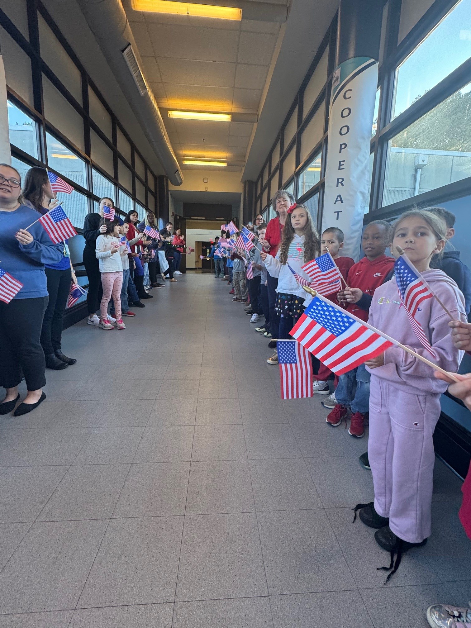 Students lining the halls at Keheley Elementary
