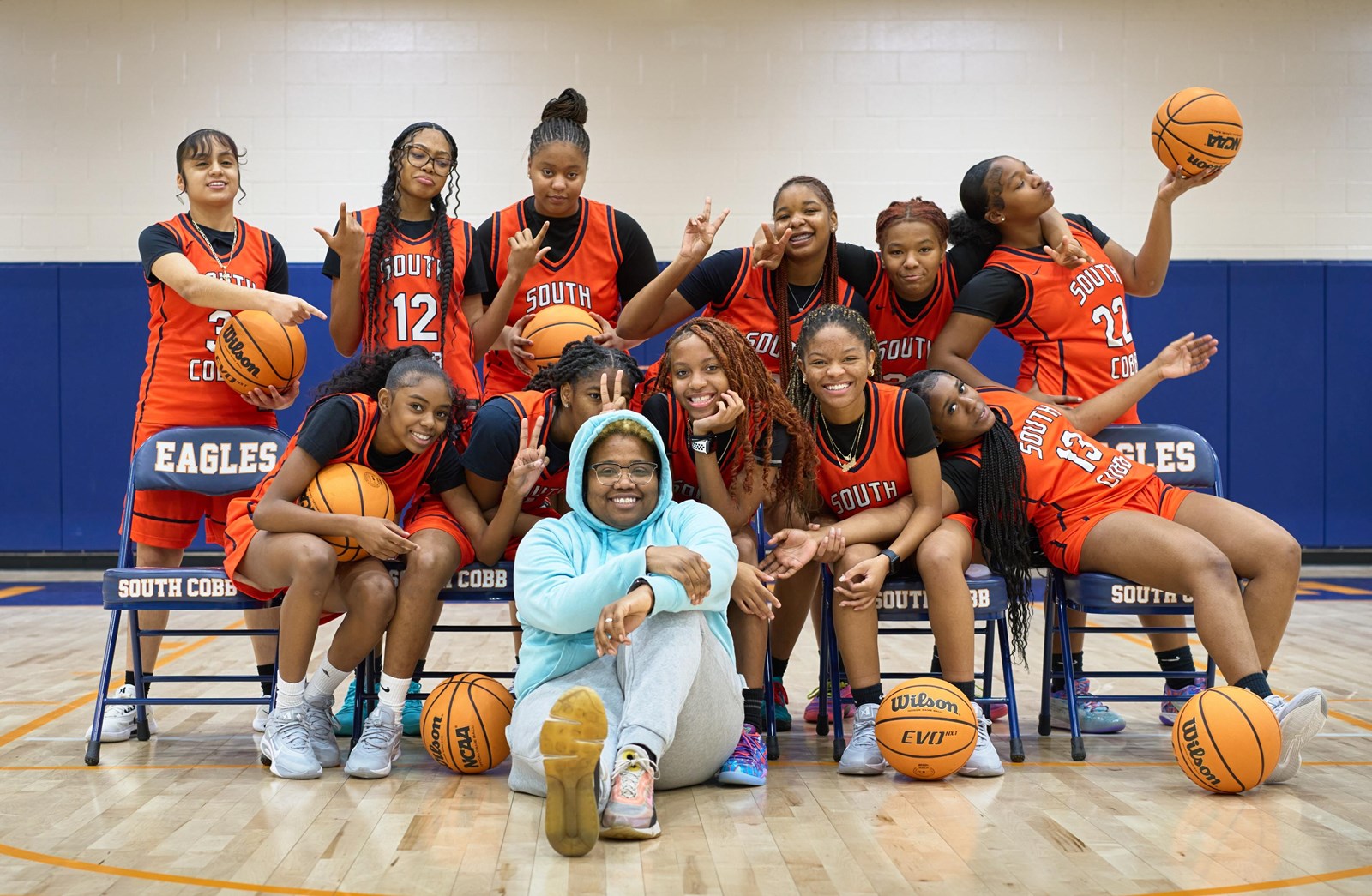 Coach E with students at South Cobb High School