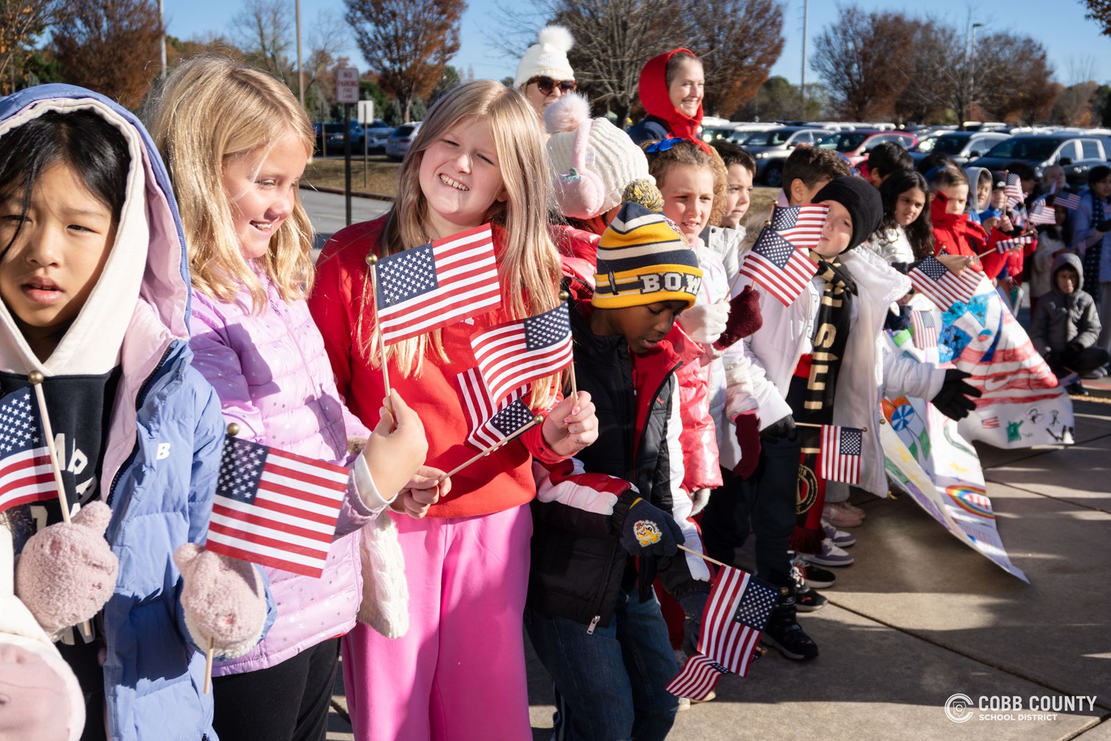 East Side Elementary students with flags