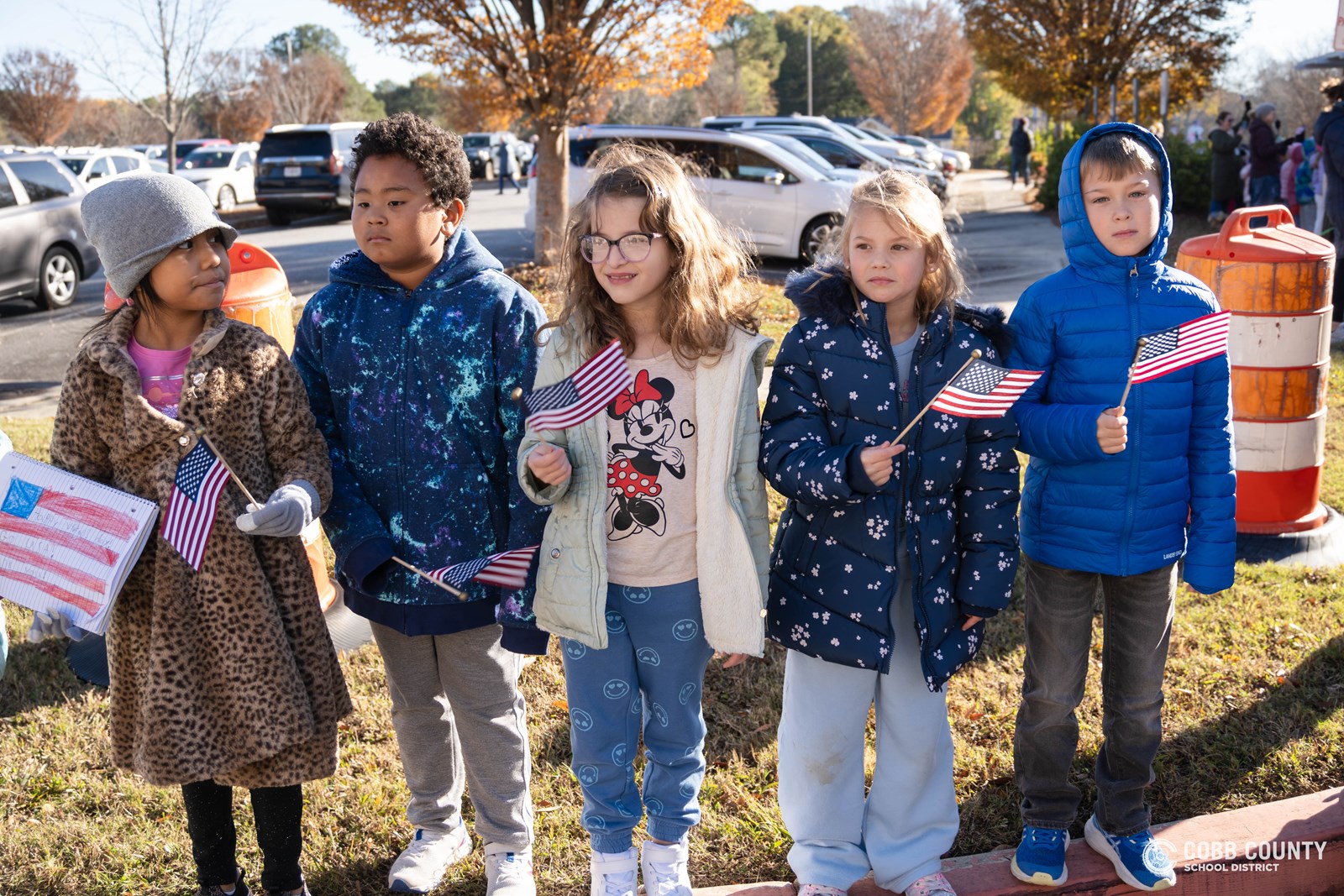 East Side Elementary students with flags