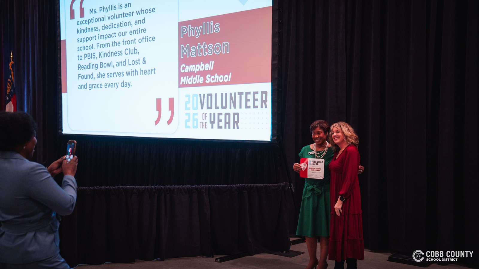 2026 Cobb Schools Volunteers of the Year recognized on stage at the annual luncheon.